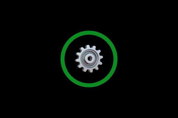 A metal gear inside a green ring on a black background.